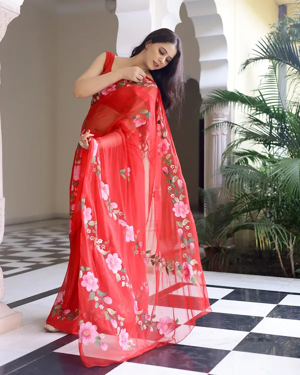 Hot_Red_Floral_H_Painted_Chiffon_Saree_For_Women